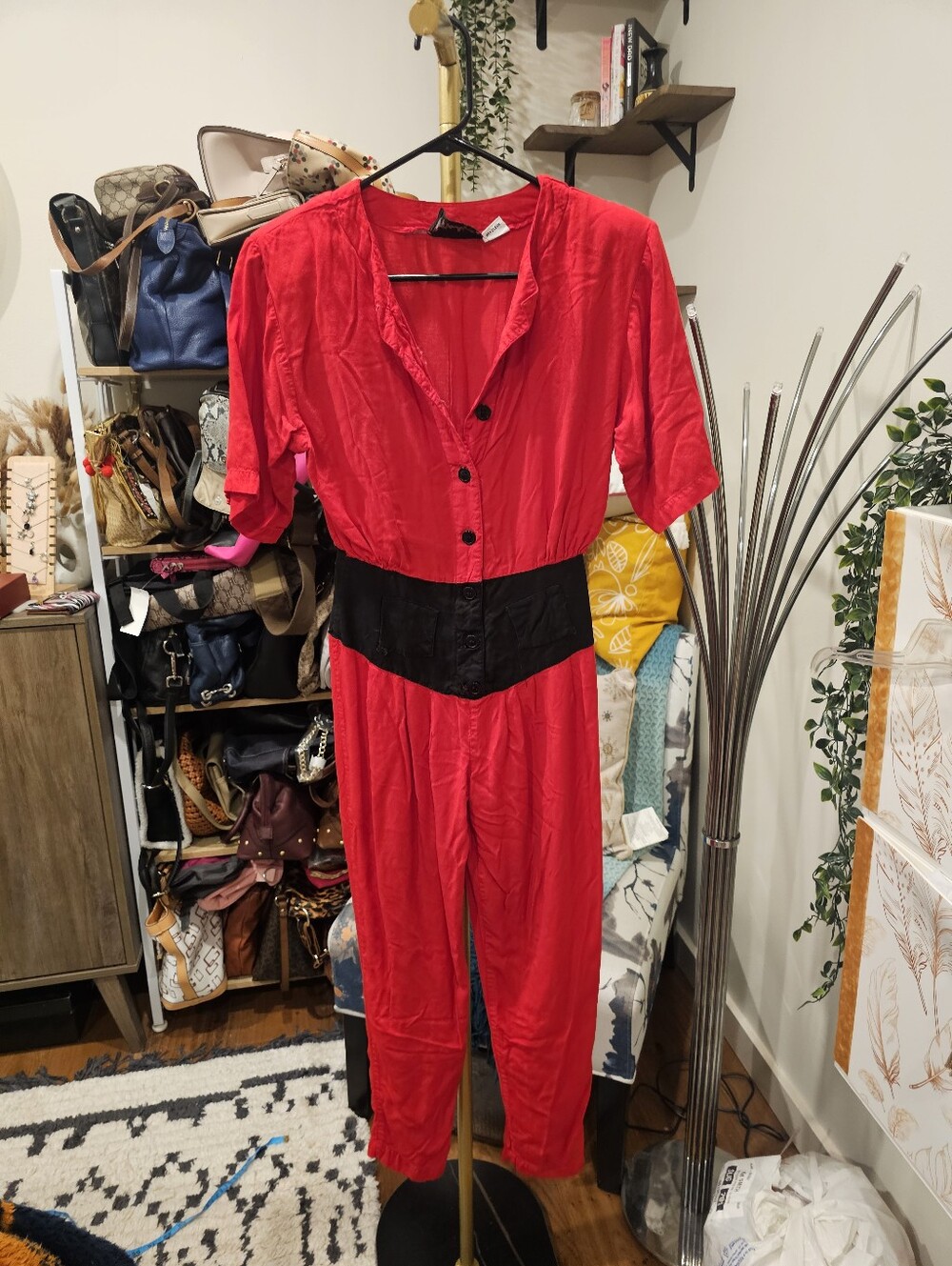 Vintage Red Short-Sleeve Jumpsuit with Black Waist Panel